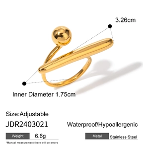 18k gold plated stainless steel open ring with geometric ball and bar design features