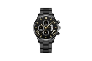 Detail of Geneva black metal watch face with gold markers and three sub-dials