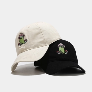 Cute cartoon frog mushroom embroidery baseball caps in black and beige cotton