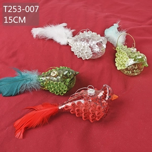 Set of four 15cm colored glass bird ornaments with glitter filling and real feather tails