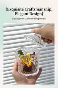 Detailed relief pattern on a glass candy jar with cover for stylish home storage