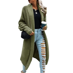 Long olive green chunky knit cardigan with batwing sleeves and loose fit for women