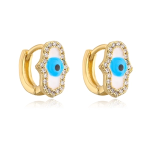 18K gold plated Hamsa hand earrings with blue evil eye and sparkling crystals on white background