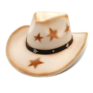 Western Cowboy Hat Vintage Cotton Polyester Felt Wide Brim Star Print Rivet Band Unisex Streetwear Outdoor Hat