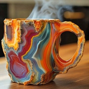 Taza de café artística de cristal mineral con texturas de ágata coloridas y borde de cristal