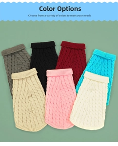 Flat lay of cable-knit pet sweaters in seven colors including burgundy, grey, and navy blue