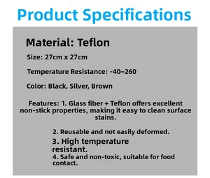 Specifications of 27cm Teflon stove protectors showing heat resistance and sizes