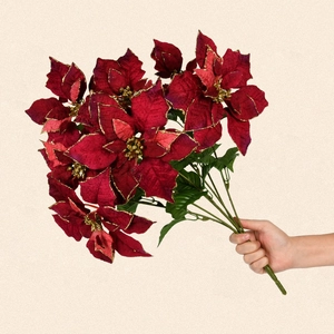 Artificial Christmas poinsettia bouquet in wine red with gold glitter for home decor