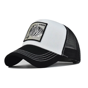 Classic black and white trucker hat featuring a zebra stripe embroidery patch for outdoor sports