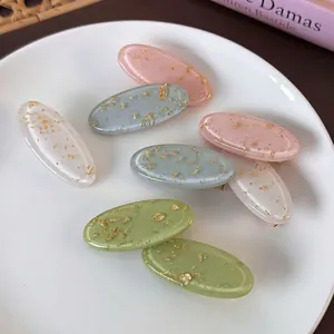 Oval Resin Hair Clips With Gold Foil Transparent Colorful Dopamine Style Side Duckbill Clips For Women Girls