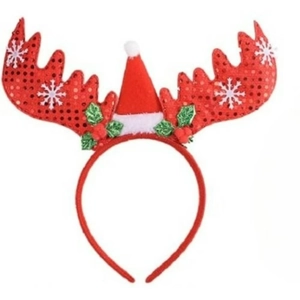 Christmas reindeer antler headband with red sequins, mini Santa hat and holly leaves deco