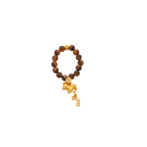 Handcrafted tiger eye bead elastic ring with vintage gold pony and copper coin charms