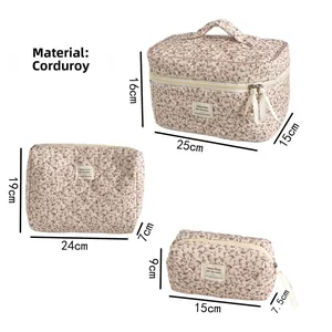 Detailed view of pink floral corduroy cosmetic bags with size dimensions in cm