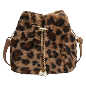 Faux fur leopard print bucket bag with gold chain drawstring and pearl charms