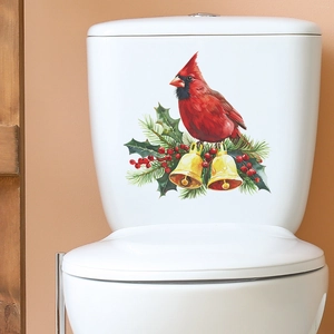 Christmas toilet lid sticker featuring festive cardinal bird, pine needles and gold bells