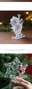 Macro shot of transparent Christmas tree ornaments with glitter snow and snowflake detail