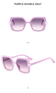 Front and side view of square purple kids sunglasses with pearl accents and gradient lenses
