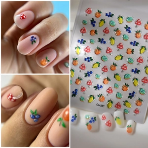 5D Embossed Nail Stickers Cute Fruit Mushroom Patterns Jelly Texture Self-Adhesive Waterproof Manicure Art Decoration DIY