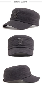 Three-way view of a charcoal grey cotton cadet cap with gothic letter B embroidery