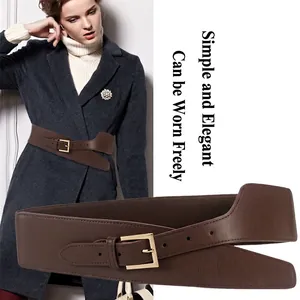 Deep brown elastic waist belt with gold square buckle for dress and coat styling