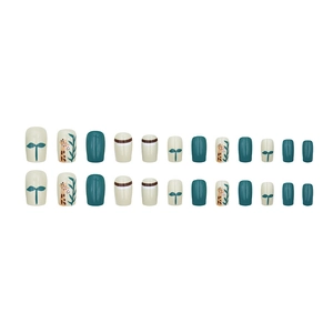Lot de 24 faux ongles courts carrés avec girafe et feuilles en bleu sarcelle et beige