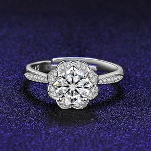 Close-up of S925 sterling silver ring featuring a six-prong zircon flower cluster detail