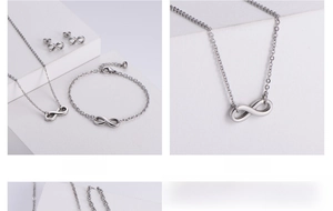 Close-up of titanium steel jewelry set featuring infinity symbol earrings and necklace