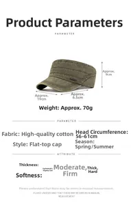 Detailansicht der armeegrünen Military Cap mit Baumwollstoff und Maßangaben