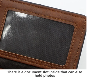 Detailed macro view of brown lychee grain leather card holder with clear ID photo slot