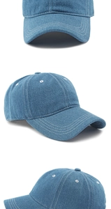 Detail of blue denim baseball cap featuring high-quality stitching and classic 6-panel design