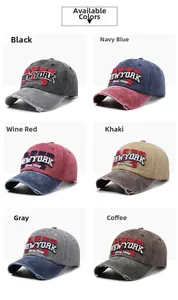 Detailed grid showing 6 vintage washed denim baseball caps with New York embroidery