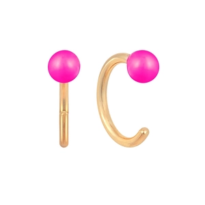 Detail of S925 silver ear hooks with golden C-shape design and bright pink enamel beads