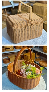 Close-up of hand-woven rattan storage basket featuring natural textures and portable handle