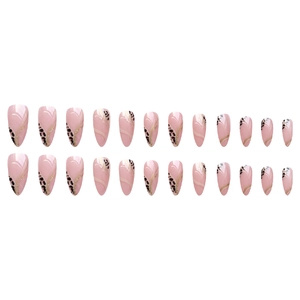 Leopard print almond press-on nails in nude pink with elegant gold stripe accents