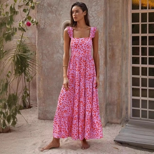 Bohemian tiered pink floral maxi dress with ruffle straps and square neck for summer