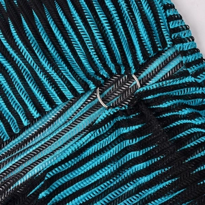 Close-up of blue and black striped knit dress featuring a silver metal ring detail
