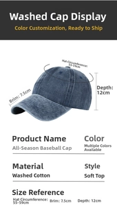 Detail showing dimensions of blue-grey washed cotton baseball cap with a 7.5cm brim