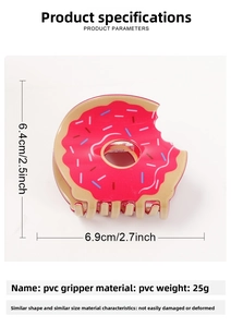 Detailed view of pink donut hair claw clip with size dimensions and PVC material details
