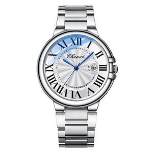 Classic silver stainless steel watch with white roman dial and blue hands for men