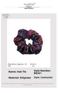 Detail of dark blue scrunchie with mushroom and skull pattern measuring 10cm in diameter