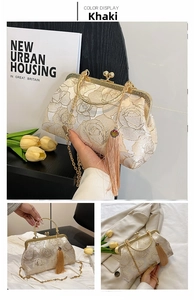 Detail of khaki peony embroidery on vintage shell bag with tassels and gold chain