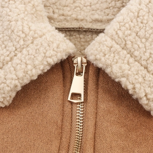 Brown suede aviator jacket with sherpa collar and golden zipper detail