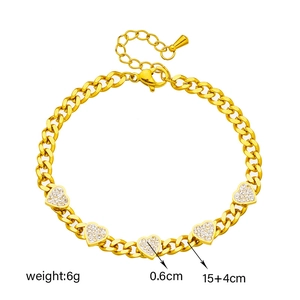 Golden titanium steel curb chain bracelet with five pavé crystal heart charms