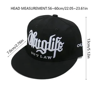 Größentabelle für schwarze Snapback-Cap mit 56-60cm Umfang und 7cm Schirmlänge