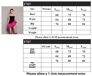 Size chart detail for black tube dress with feather hem showing bust and waist measurements