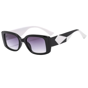 Modern square sunglasses with black and white frame and purple gradient lenses
