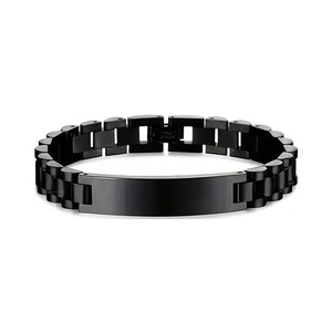 Men's black stainless steel watch strap bracelet with central rectangular plate