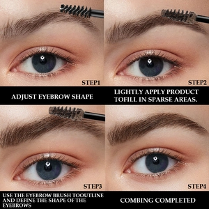 Macro steps showing eyebrow tinting and shaping with a fiber brow gel brush