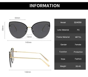 Detailed size chart and technical specifications for these fashion cat-eye sunglasses