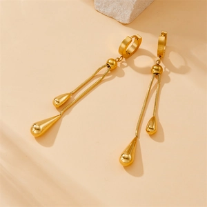 Golden teardrop tassel earrings with snake chain and adjustable pull-through chain design
